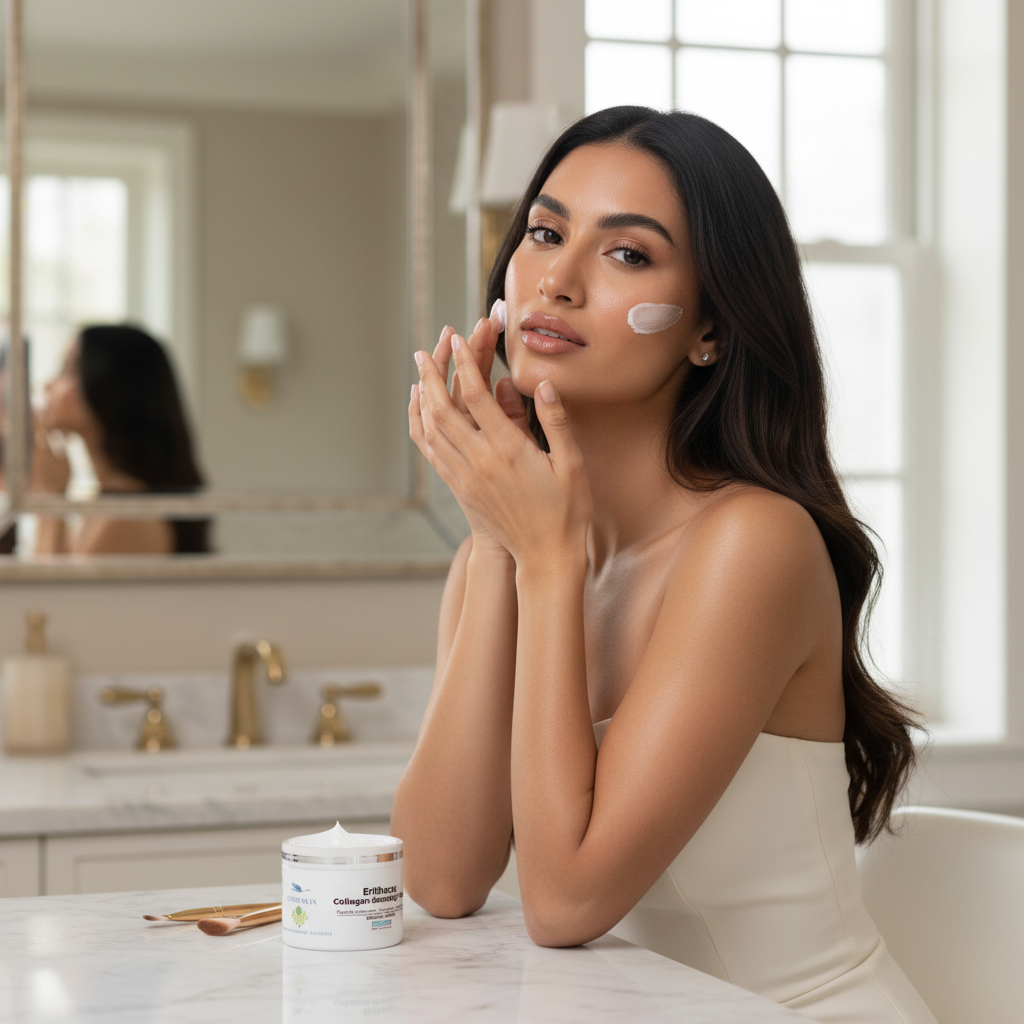 Arabic woman applying Erithacus Collagen-Booster Cream