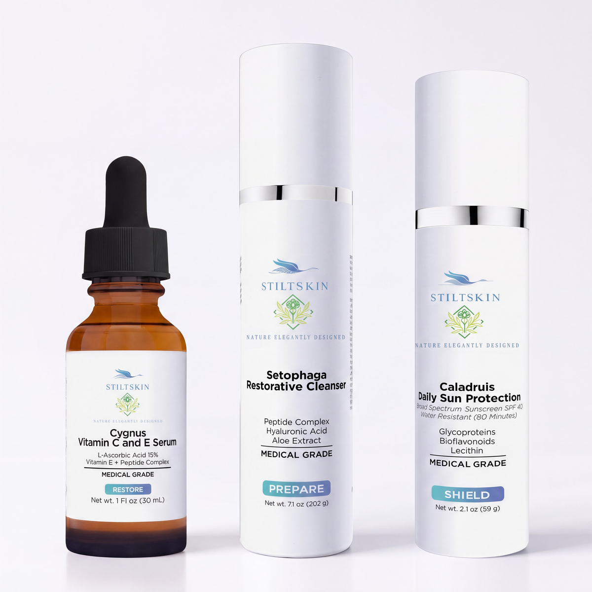 Stiltskin Complete Morning Ritual - Cygnus Vitamin C and E Serum, Setophaga Restorative Cleanser and Caladruis Daily Sun Protection