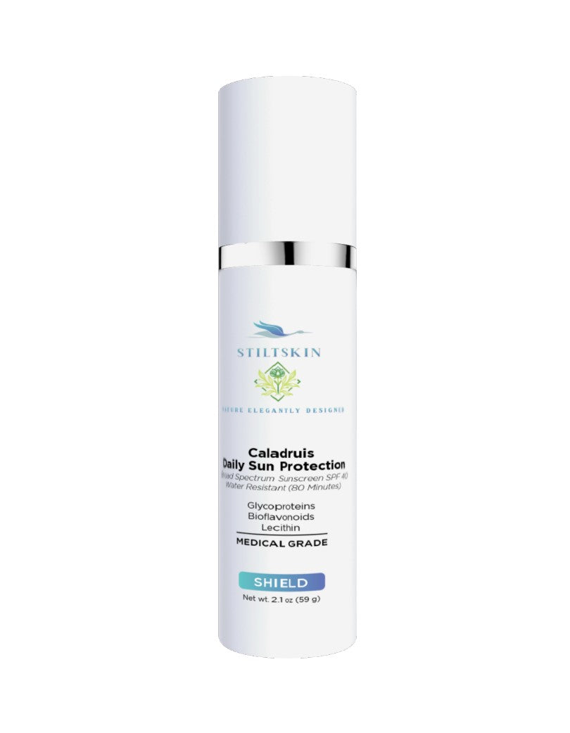 Caladruis Daily Sun Protection broad-spectrum mineral sunscreen bottle by Stiltskin with glycoproteins and bioflavonoids