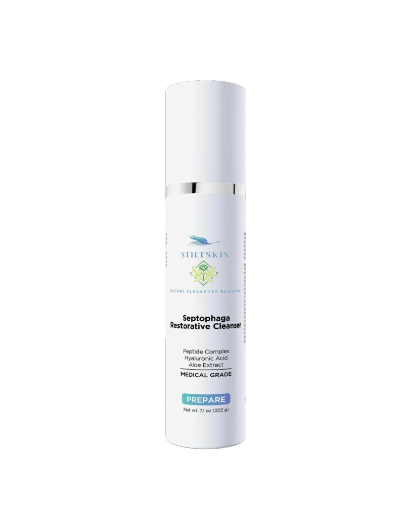 Setophaga Restorative Cleanser gentle facial wash bottle by Stiltskin with botanical oil complex, aloe extract, and peptides