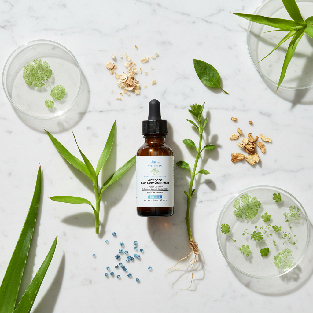 Antigone serum flat lay with plant stem cells and botanicals