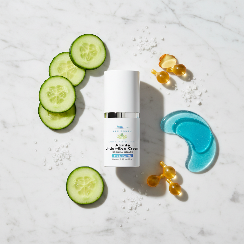 Aquila under-eye cream flat lay with cooling ingredients