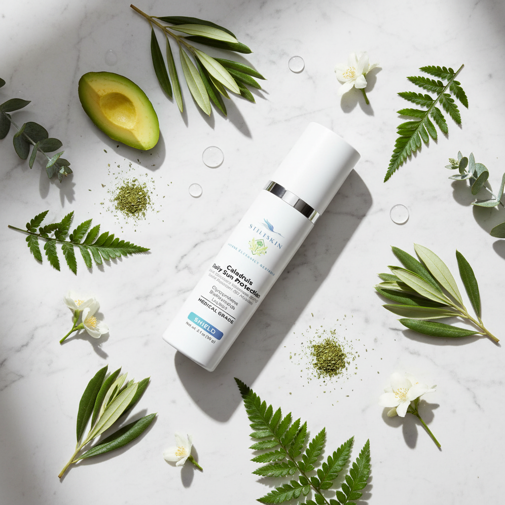 Caladruis sunscreen flat lay with botanicals