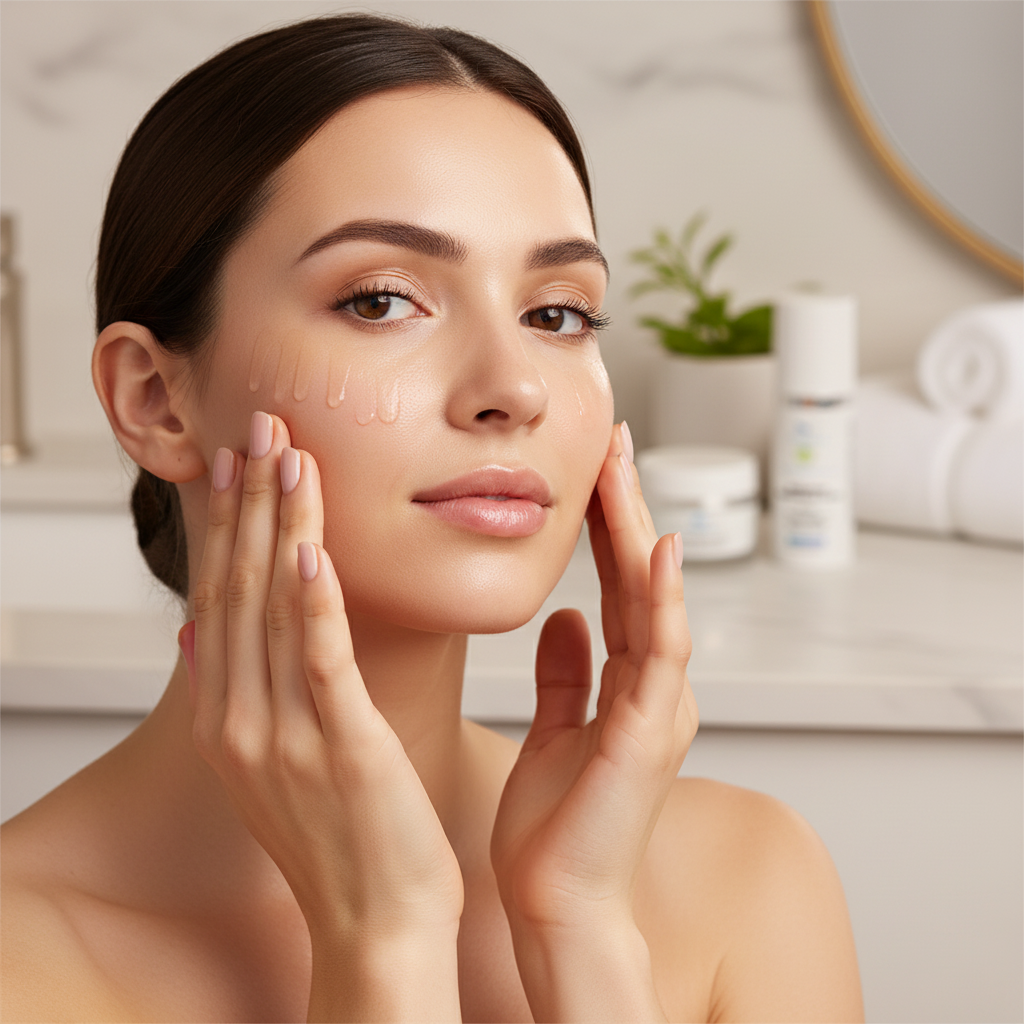 Hands applying anti-aging serum to face