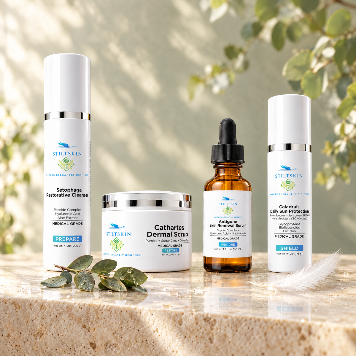 Stiltskin Renewal Ritual - Setophaga Restorative Cleanser, Cathartes Dermal Scrub, Antigone Skin Renewal Serum and Caladruis Daily Sun Protection on travertine with eucalyptus
