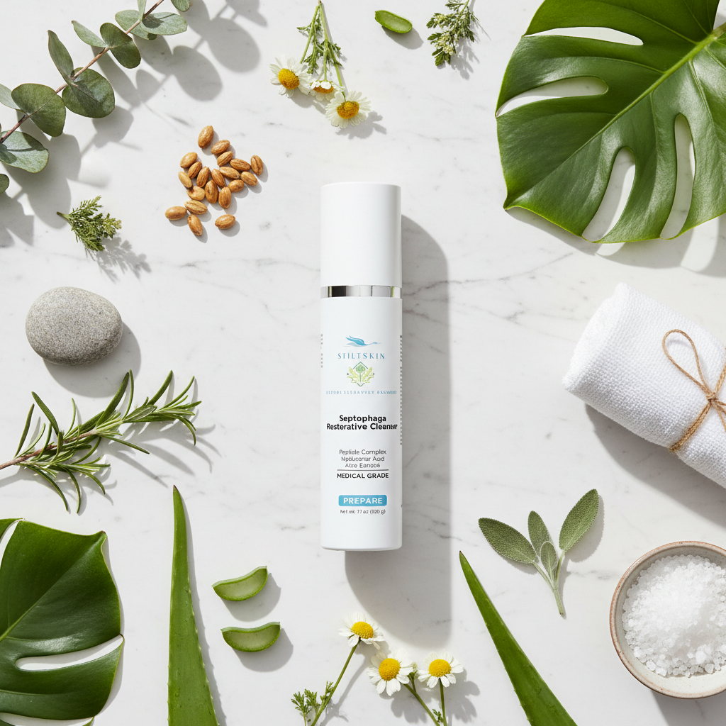 Setophaga Restorative Cleanser flat lay with botanical ingredients
