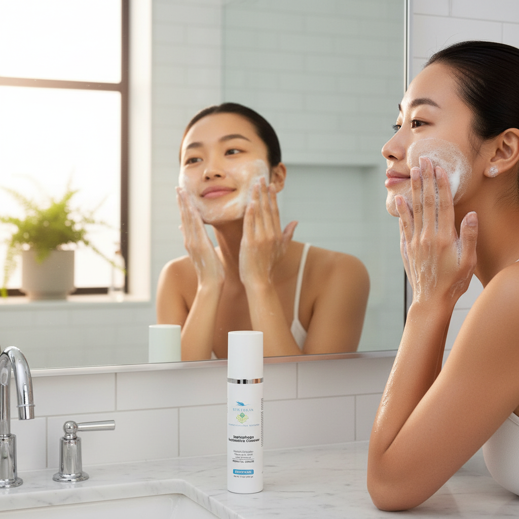 Woman using Setophaga Restorative Cleanser in modern bathroom