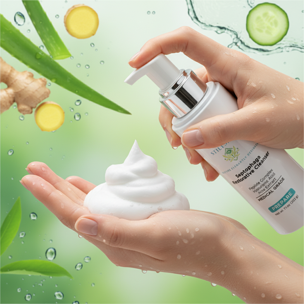 Close-up of Setophaga Restorative Cleanser gentle foam texture