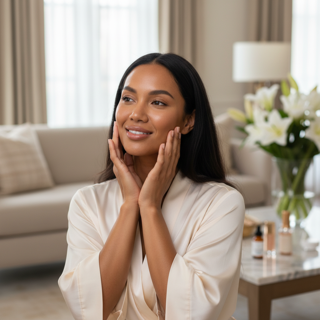 Polynesian woman with radiant, firm skin showing confidence