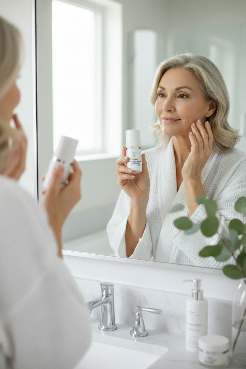 Same woman with actual Aquila Eye Cream