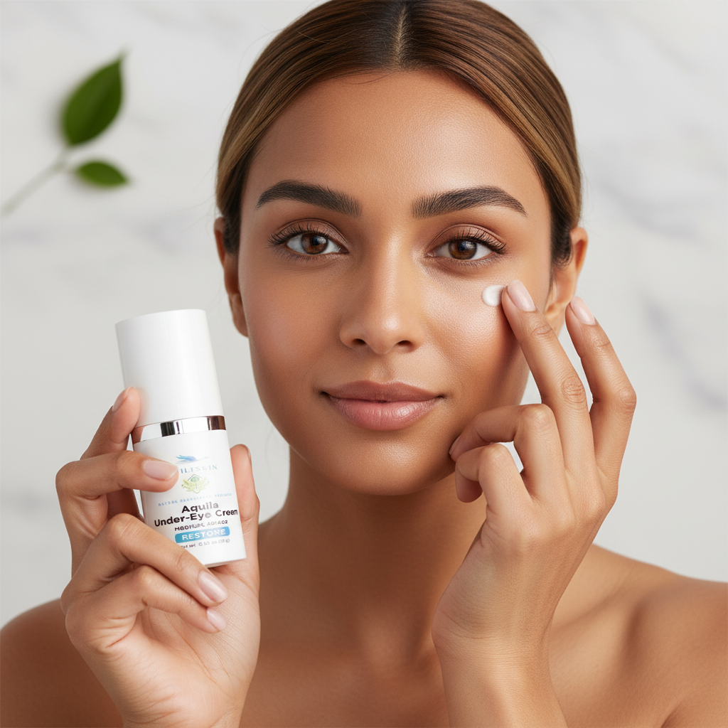 South Asian woman applying Aquila under-eye cream with ring finger