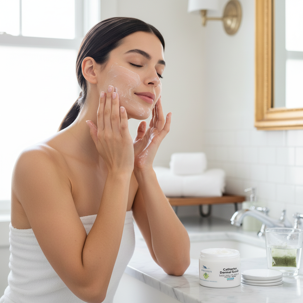 Woman applying Cathartes Dermal Scrub
