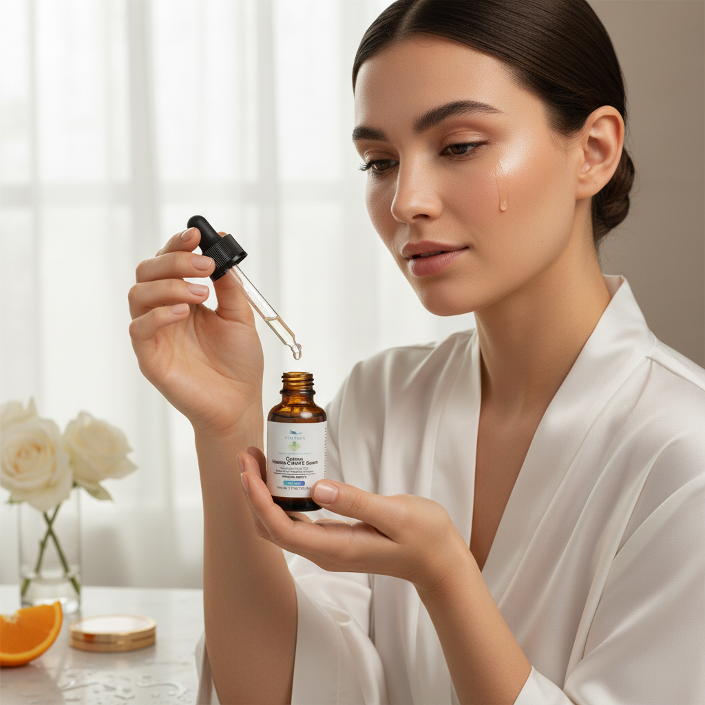 Woman applying Cygnus Vitamin C serum with dropper